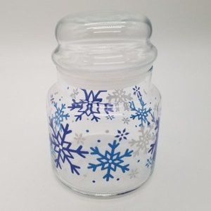 Canister Jar Clear Glass Christmas Candy Holiday Blue White Snowflakes Lid Decor